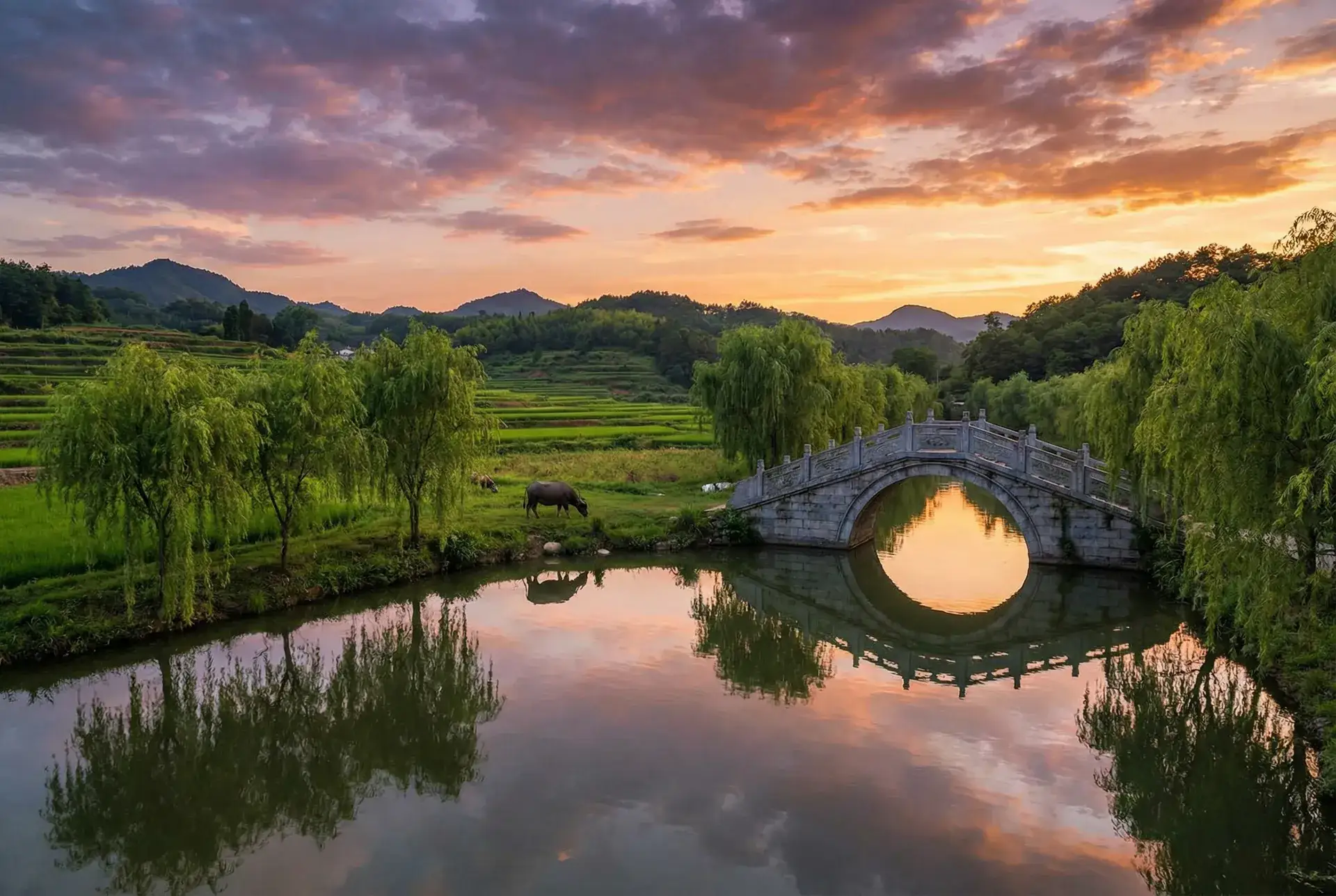 夕阳下的石拱桥与垂柳，水牛在河边吃草 - 十周年战斗之夜 乡村美景